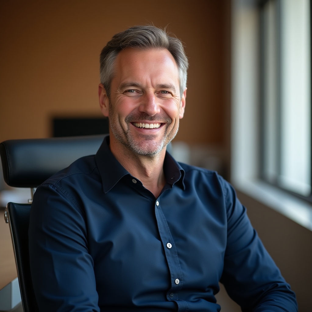 Programme coordinator, a man in his late forties, smiling warmly, wearing a navy shirt, in a well-lit office environment